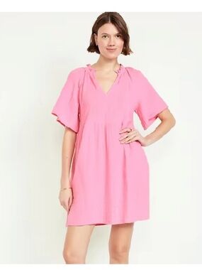 Old Navy Cotton Short Sleeve Split Neck Pink Summer Swing Dress Mini Dress L